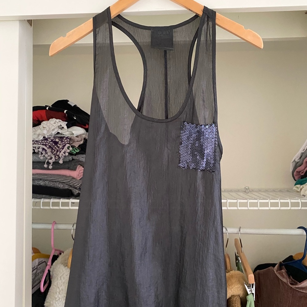 Shear Tuxedo Sequins Black Tank Top Size S